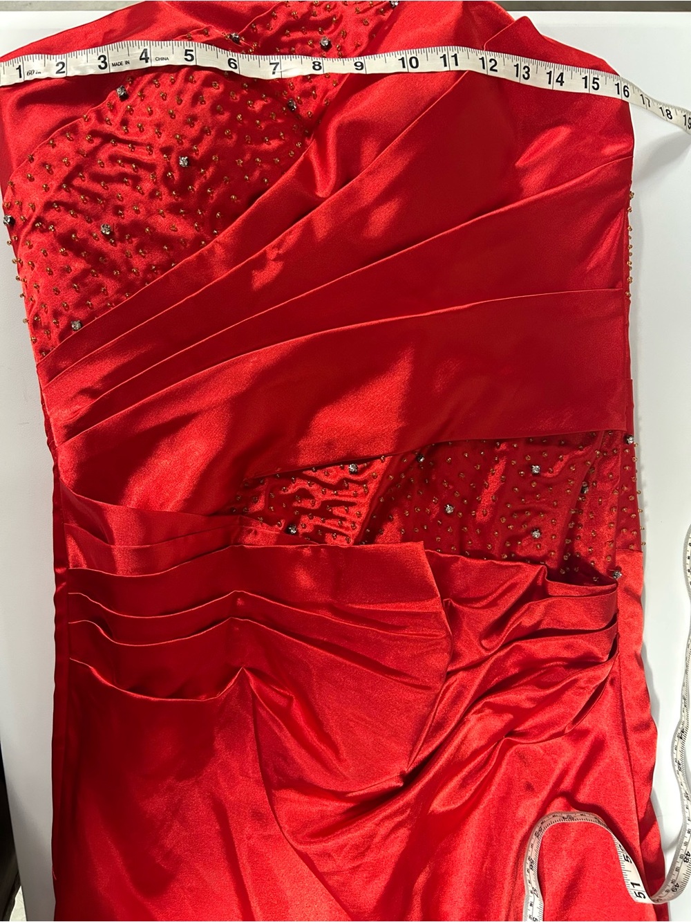 Red Satin Strapless Formal Gown Beaded Bodice Ruched Maxi Dress Prom Evening M - Picture 6 of 8